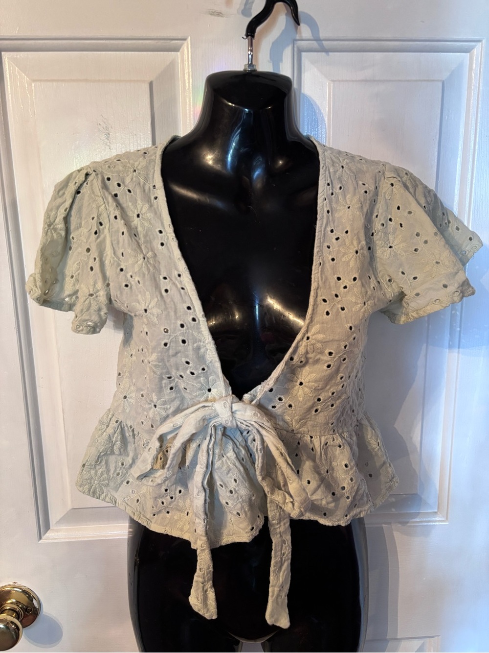 Tie-Front Eyelet Crop Top in Light Sage